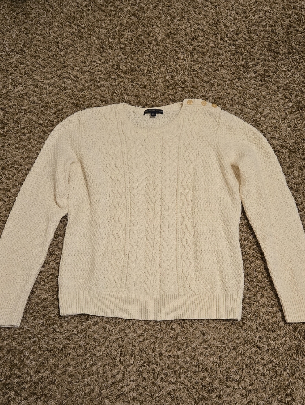 Brooks Brothers Ivory Cable Knit Crewneck Sweater with Shoulder Buttons
